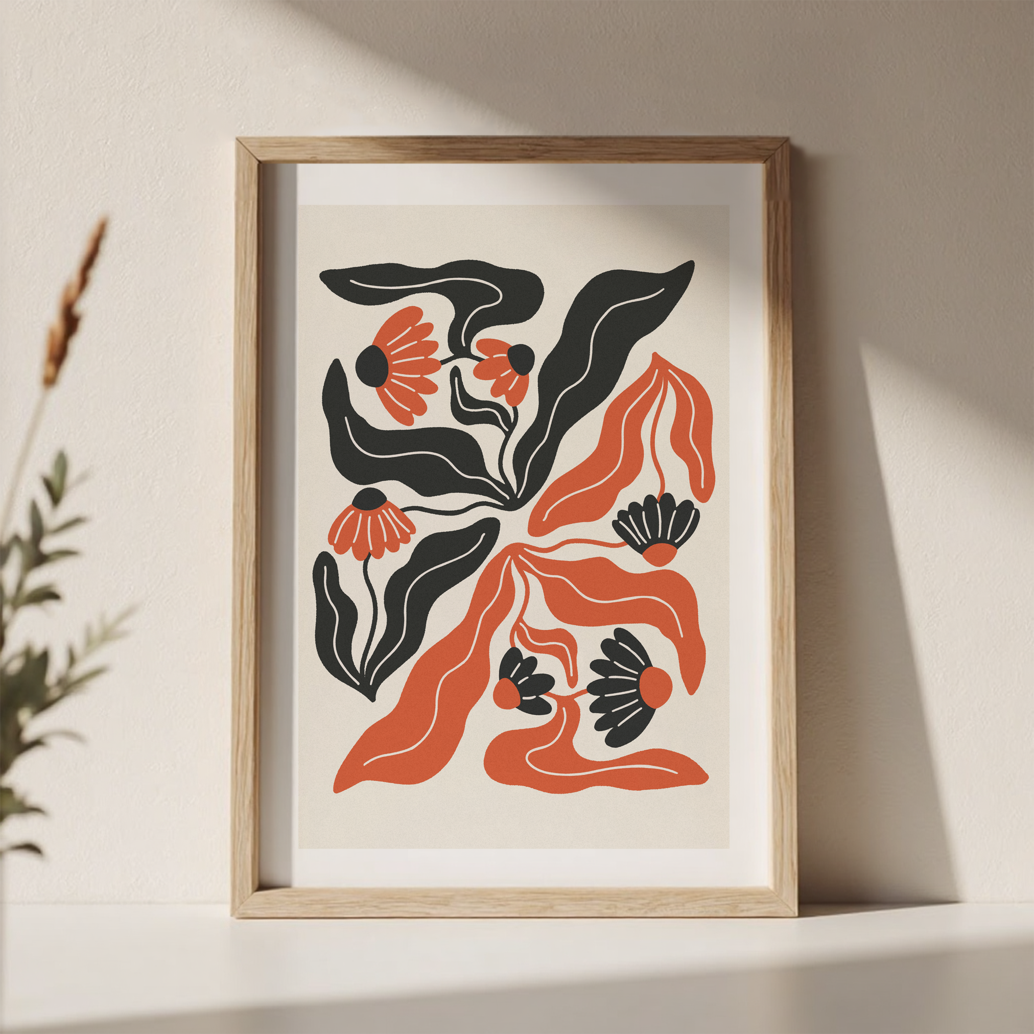 Modern Red & Black Abstract Floral Print