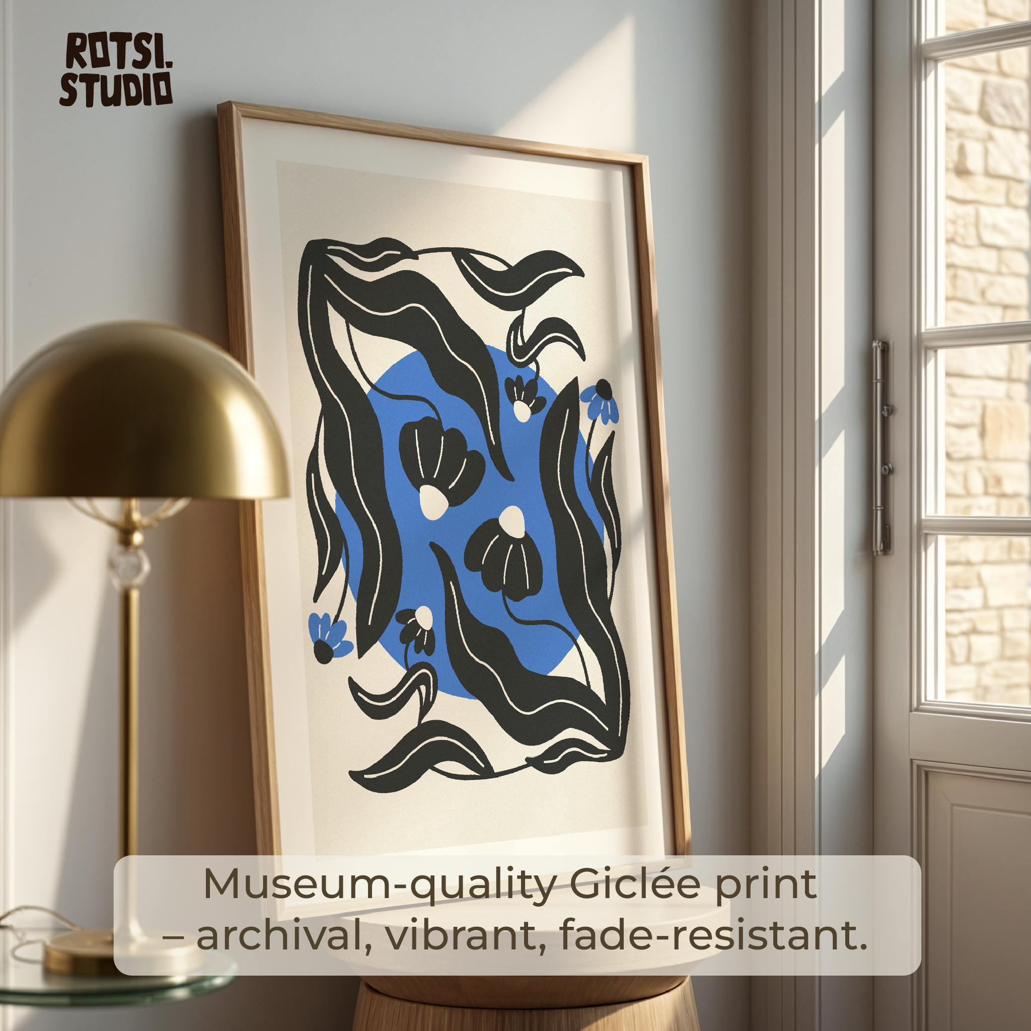 Blue Floral Art Print: Feminine Workspace Decor