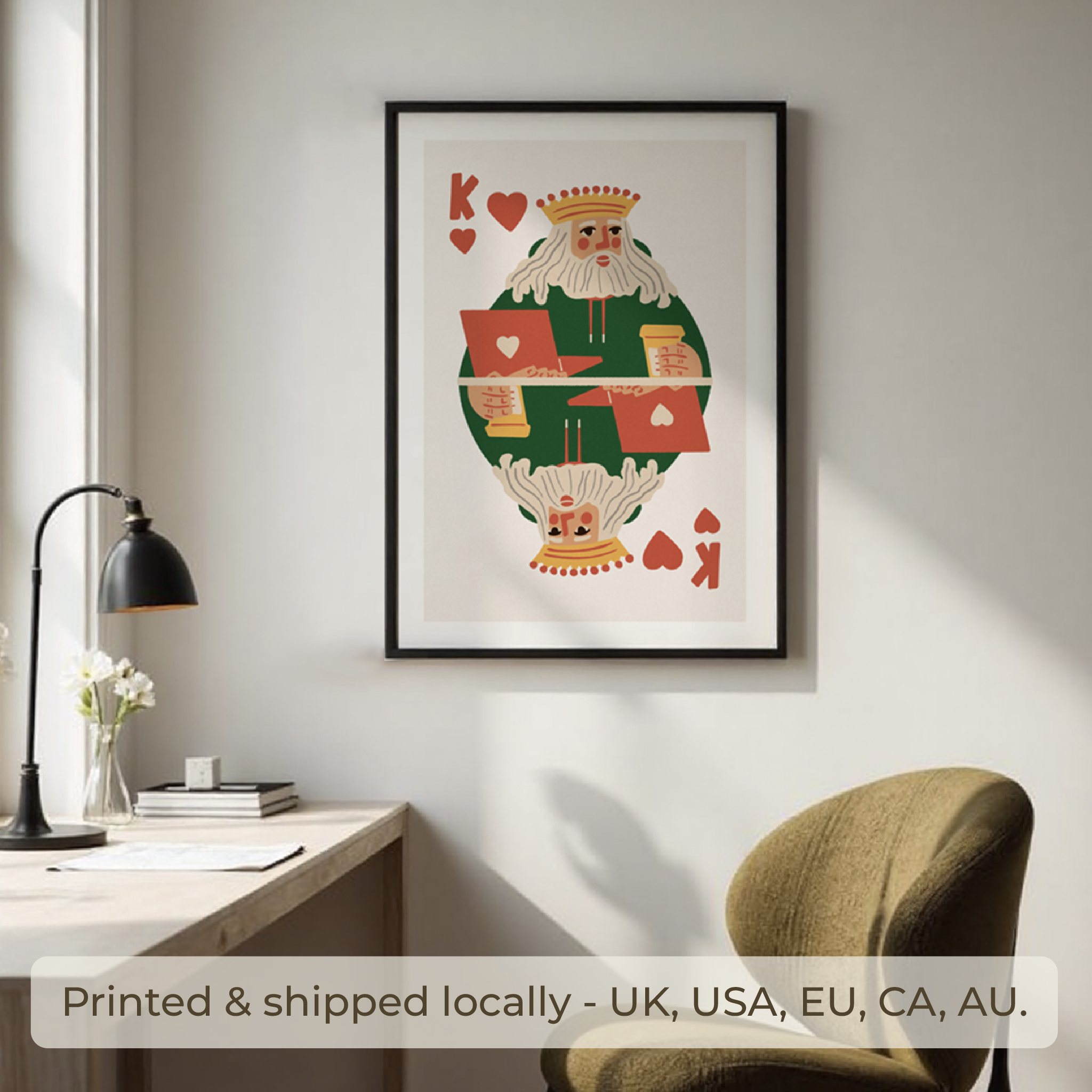 King of Hearts Art Print: Modern Playing Card Poster, Boss Office Decor