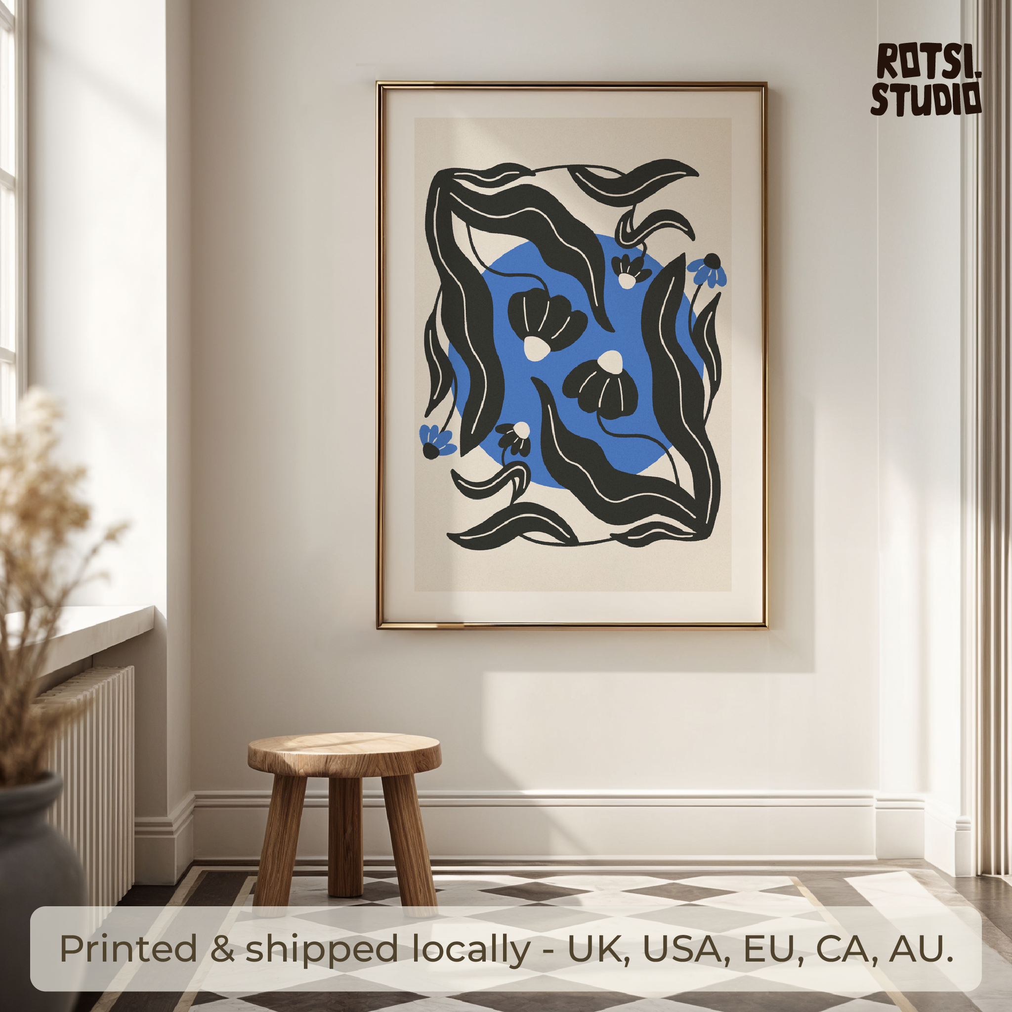 Blue Floral Art Print: Feminine Workspace Decor