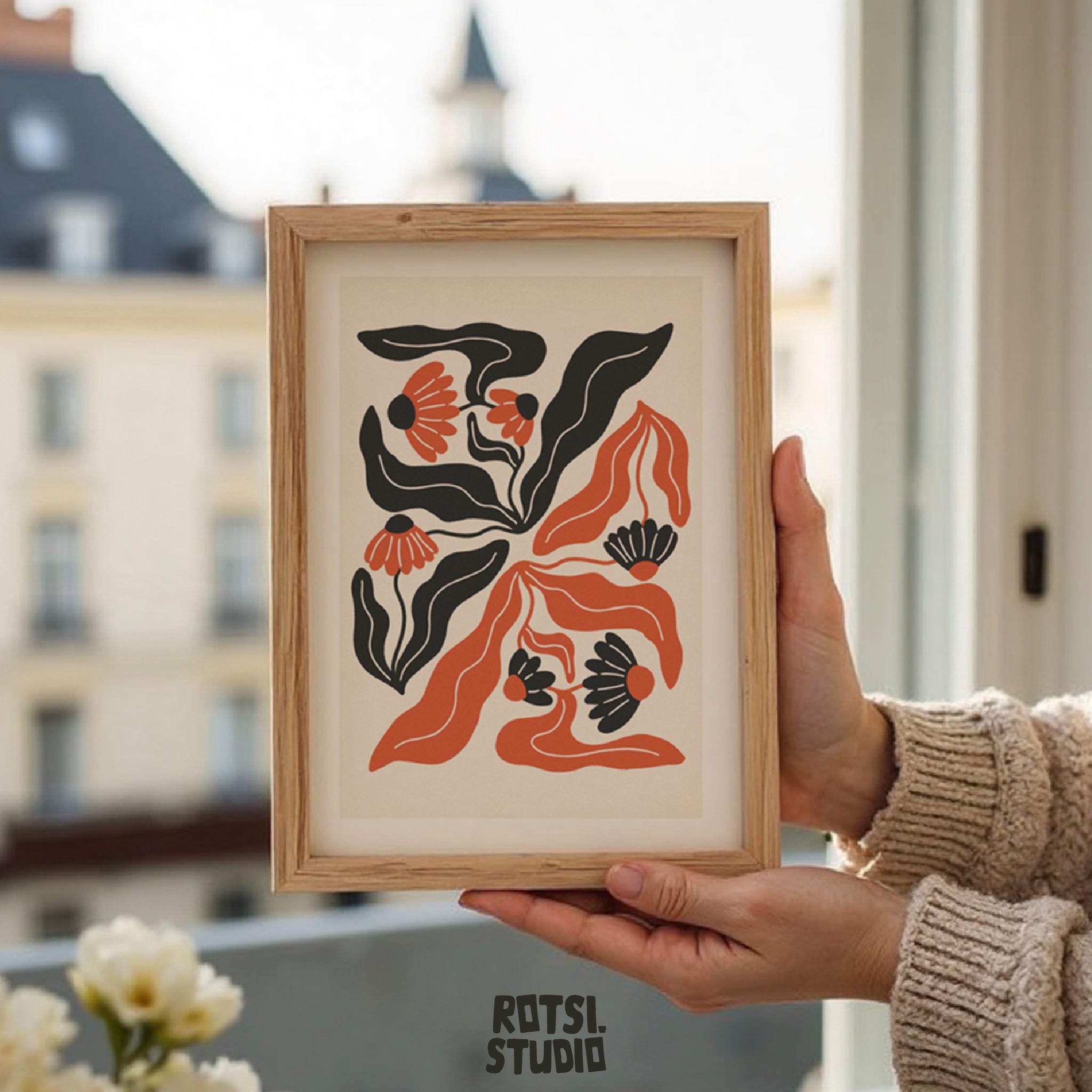 Modern Red & Black Abstract Floral Print