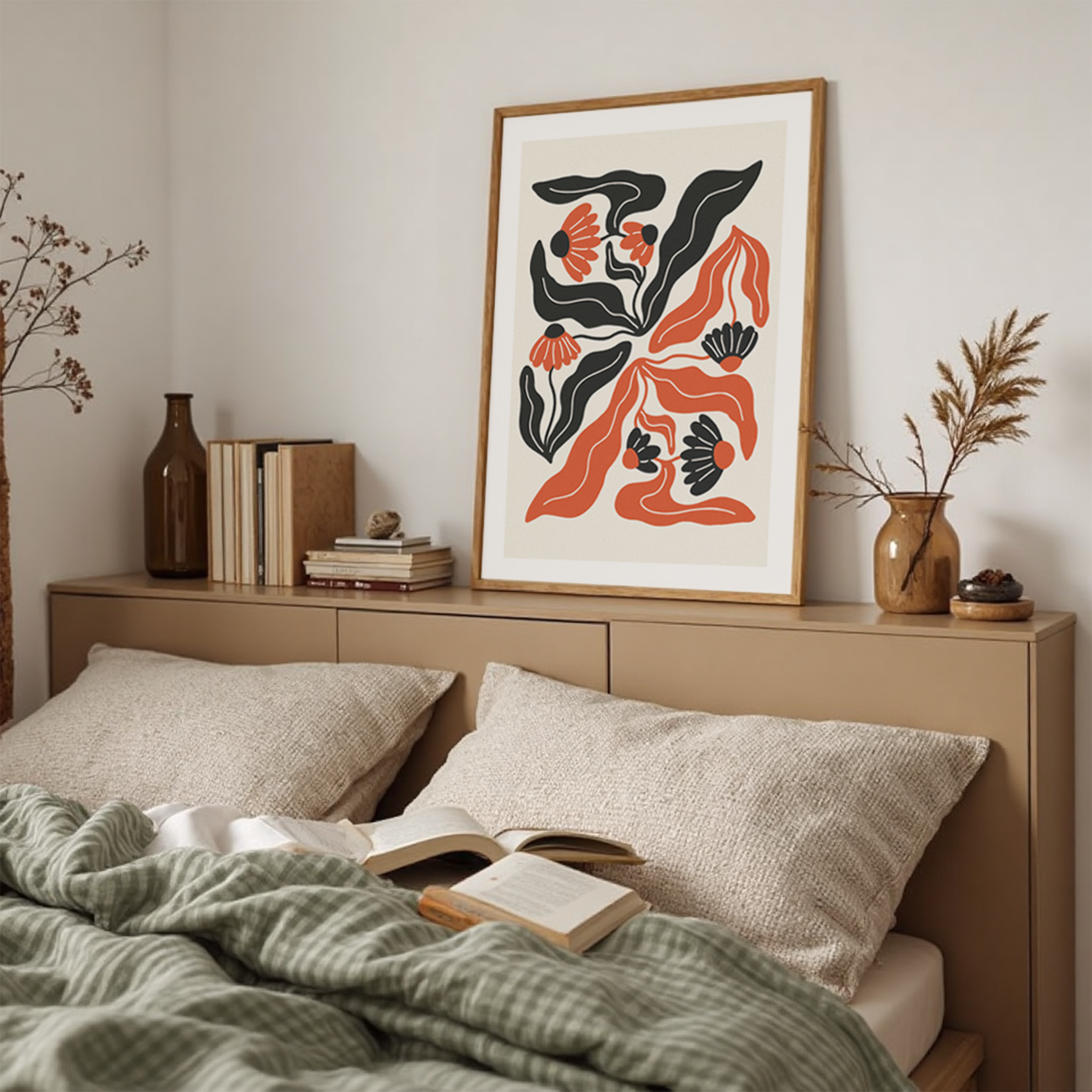 Modern Red & Black Abstract Floral Print