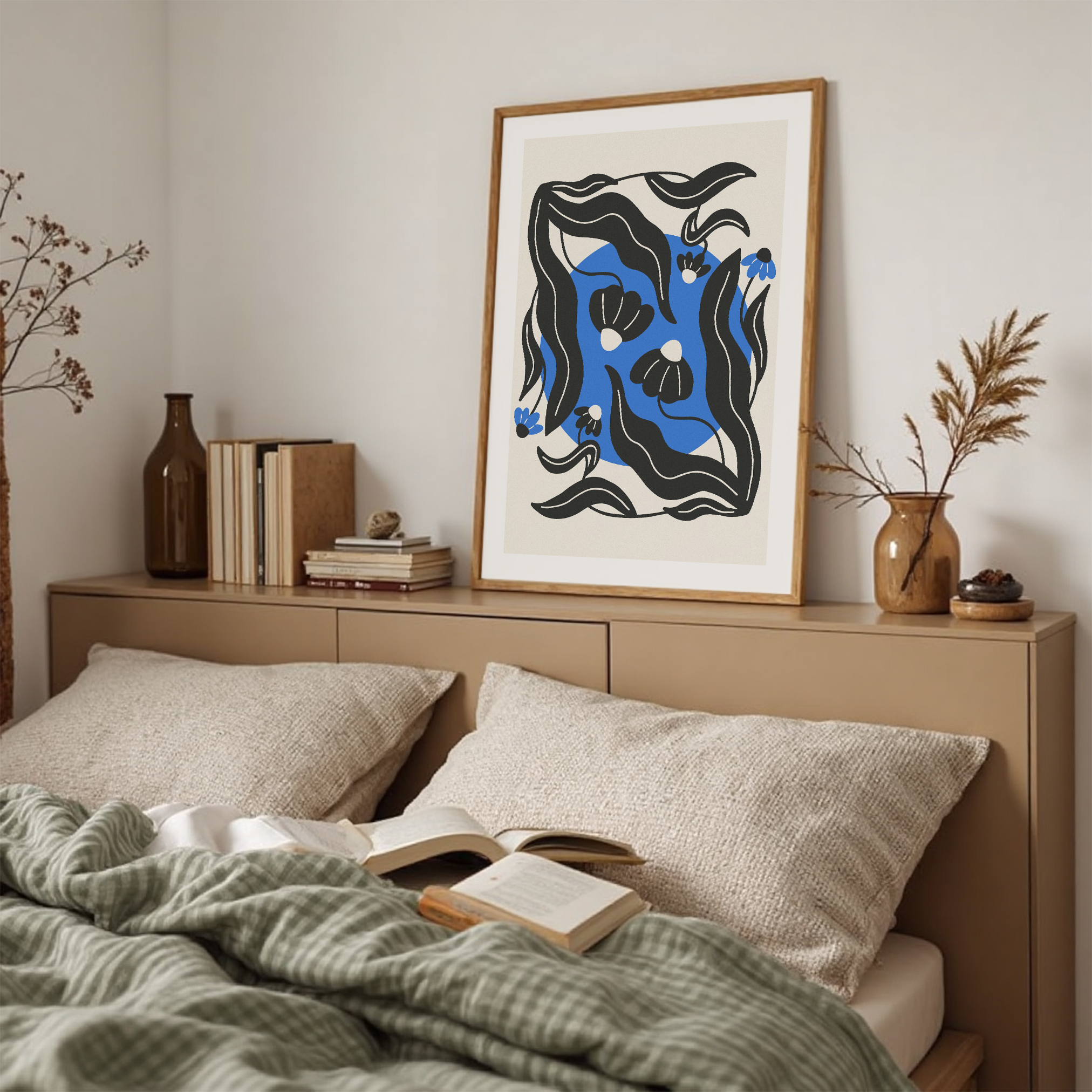 Blue Floral Art Print: Feminine Workspace Decor