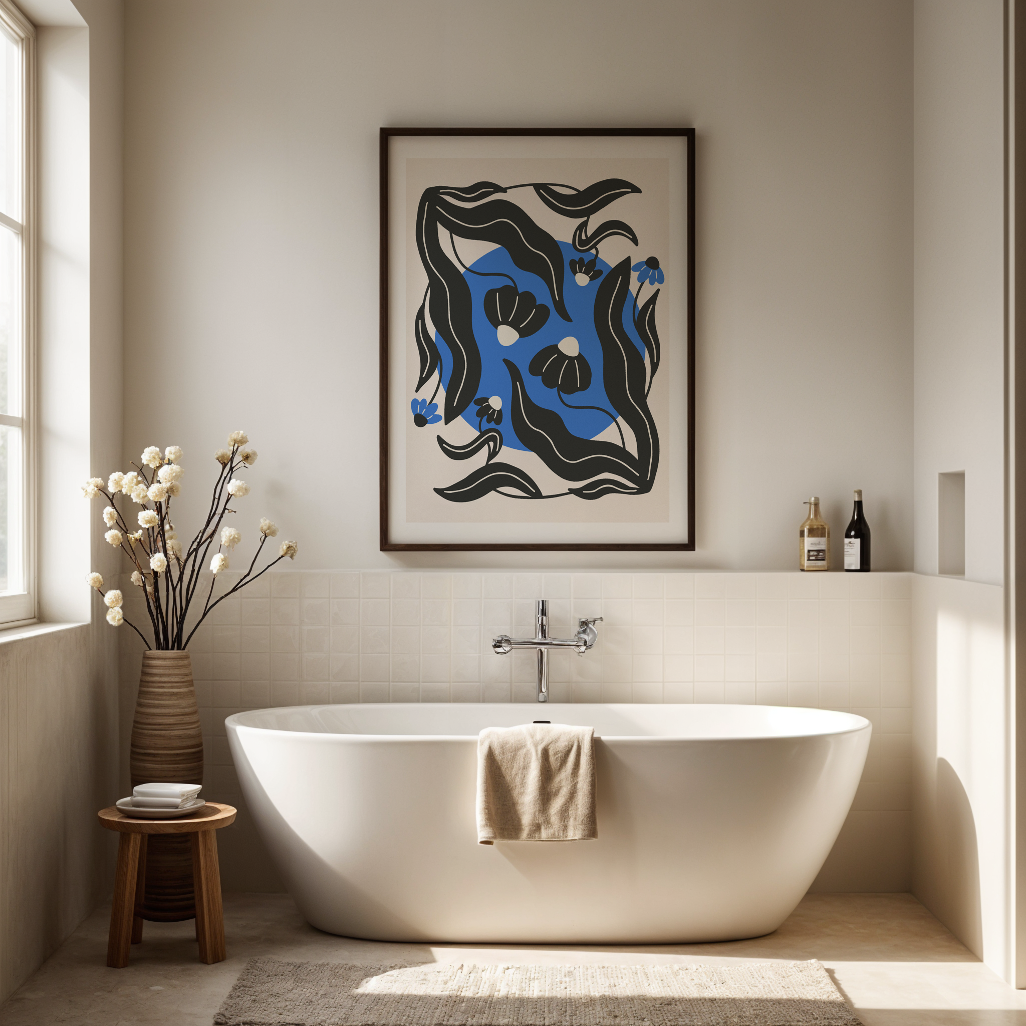 Blue Floral Art Print: Feminine Workspace Decor