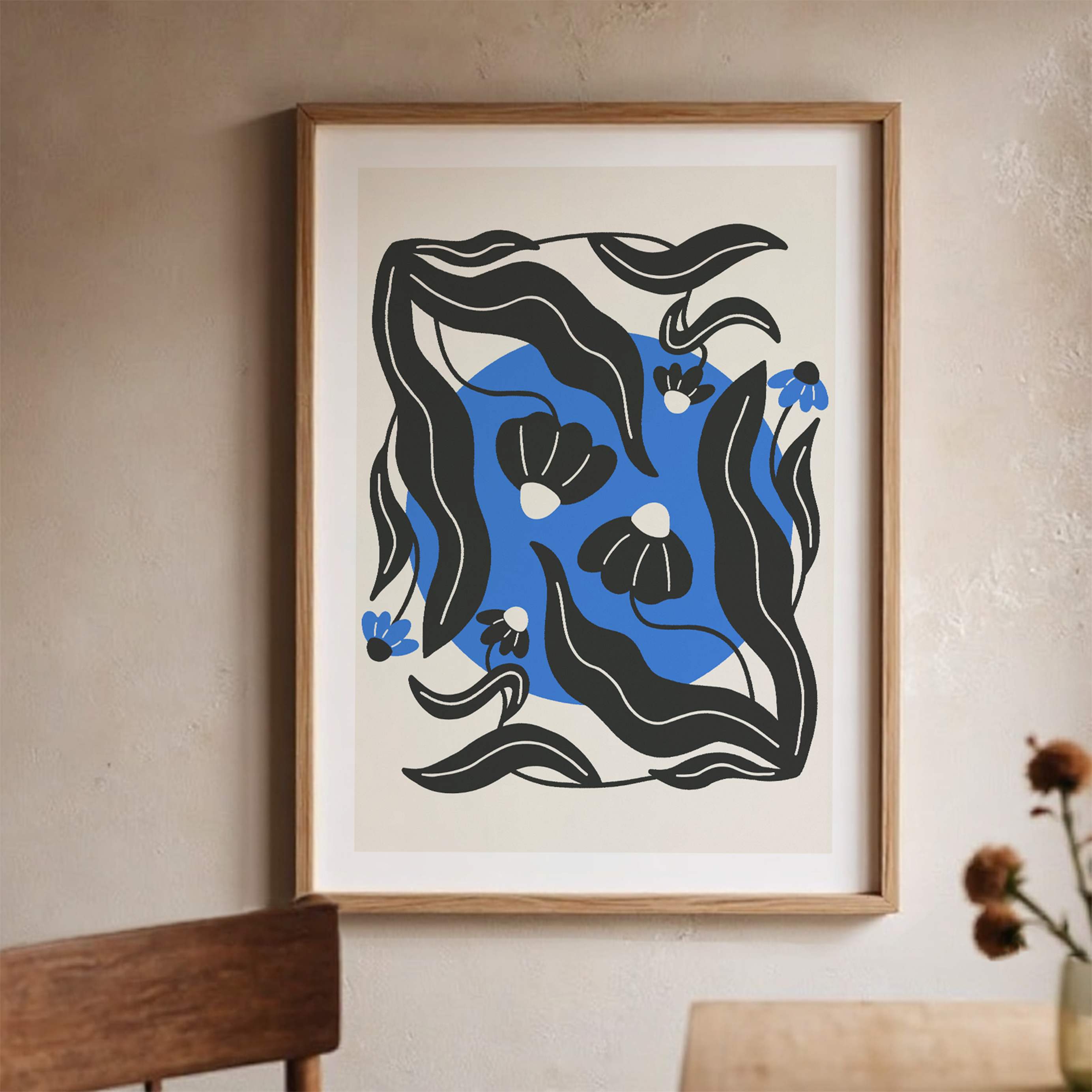 Blue Floral Art Print: Feminine Workspace Decor